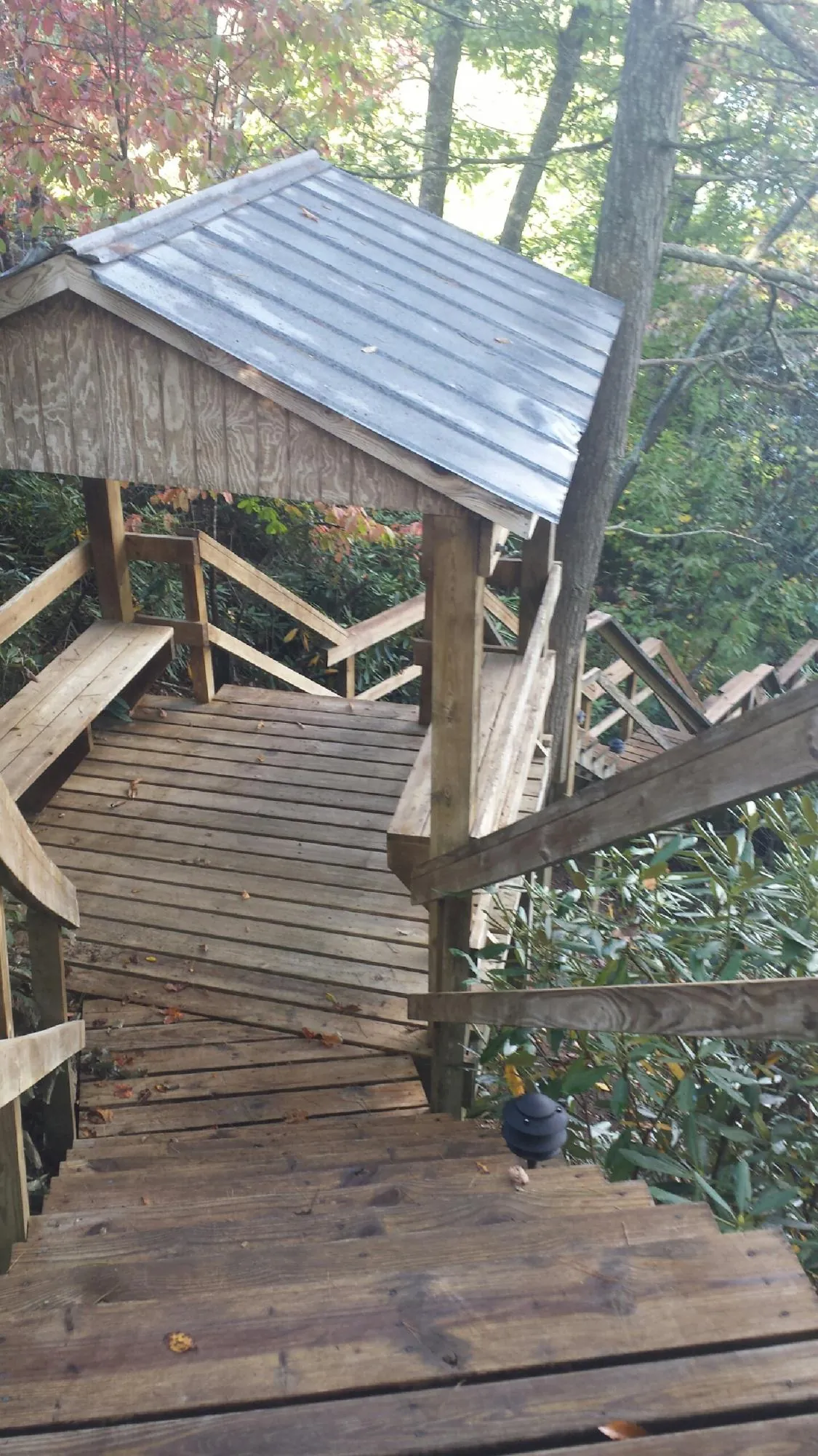 Metal roofed shelter over wooden steps on a wooded walkway — Skylight Repair & Installation work by our crew in Coopersville